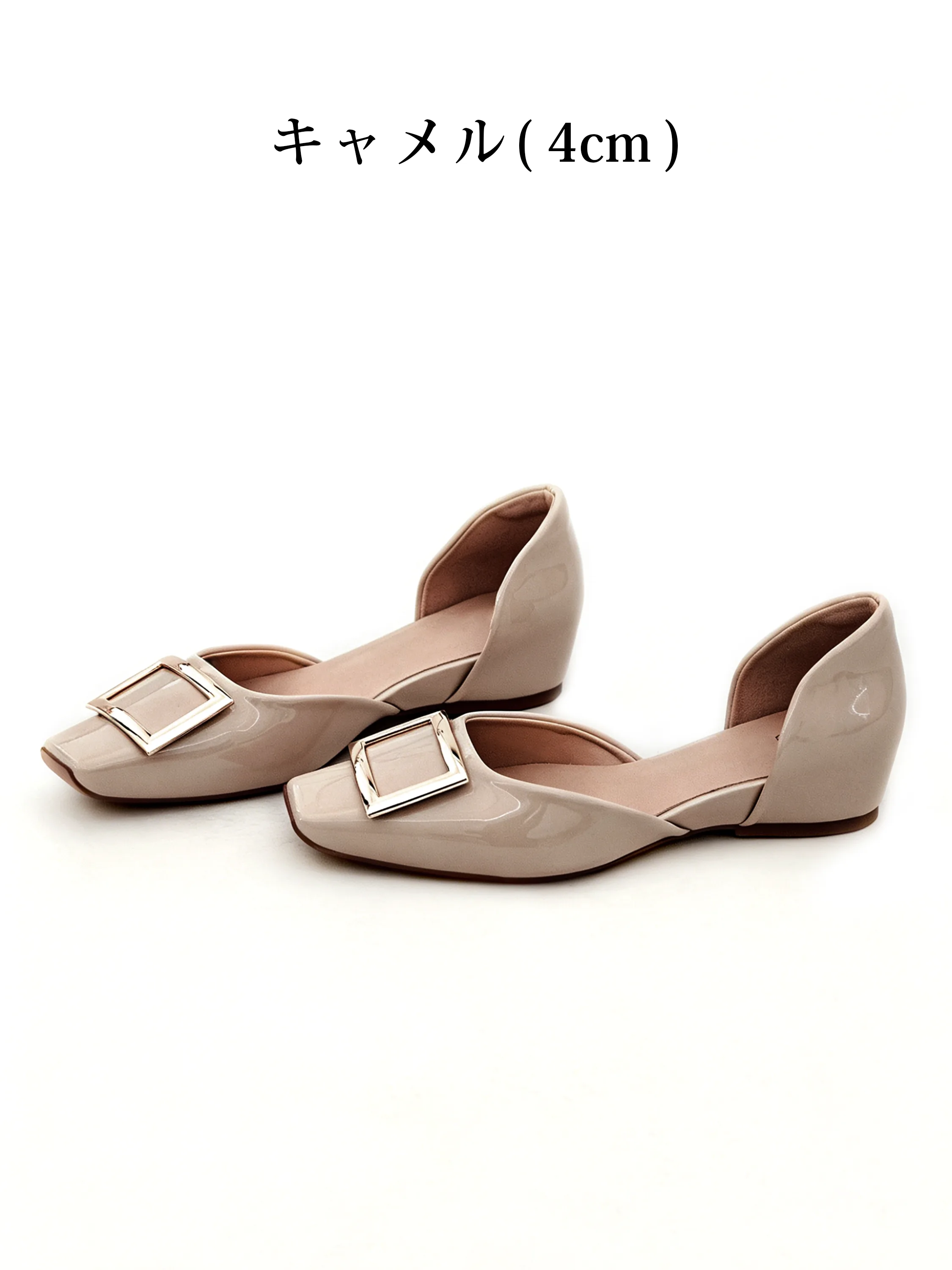 KENPOGEN スクエアバックルパンプス サイドオープン スクエアトゥ 5cmUP エナメル ツヤ感 高見え 歩きやすい 春夏