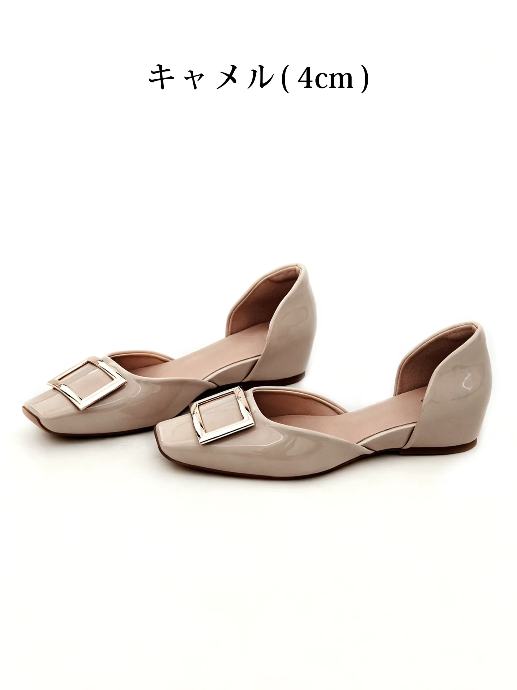 【上品なツヤ感で高見え】KENPOGEN バックルパンプス サイドオープン スクエアトゥ 5cmUP エナメル インヒール 痛くない 春夏 通勤 結婚式 幅広