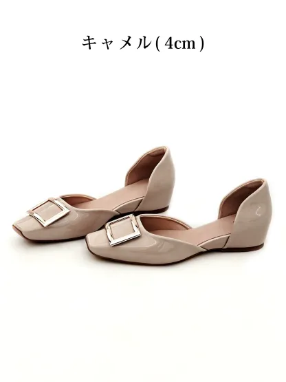 【上品なツヤ感で高見え】KENPOGEN バックルパンプス サイドオープン スクエアトゥ 5cmUP エナメル インヒール 痛くない 春夏 通勤 結婚式 幅広