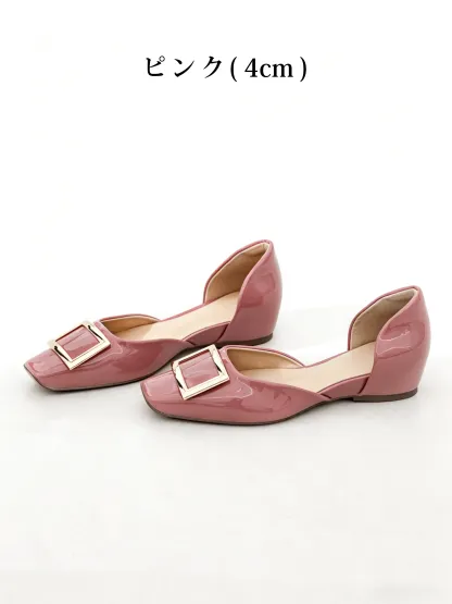 【上品なツヤ感で高見え】KENPOGEN バックルパンプス サイドオープン スクエアトゥ 5cmUP エナメル インヒール 痛くない 春夏 通勤 結婚式 幅広