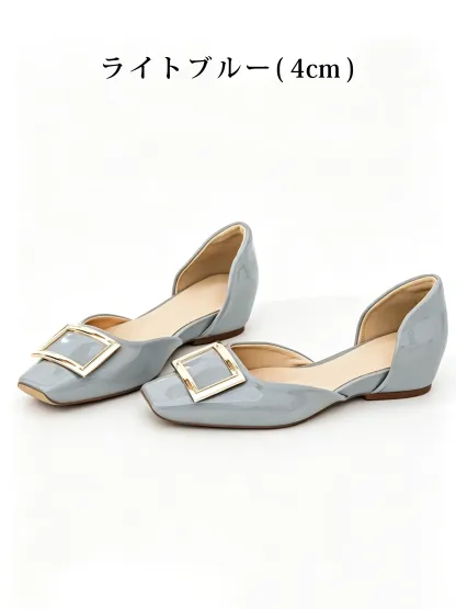 【上品なツヤ感で高見え】KENPOGEN バックルパンプス サイドオープン スクエアトゥ 5cmUP エナメル インヒール 痛くない 春夏 通勤 結婚式 幅広