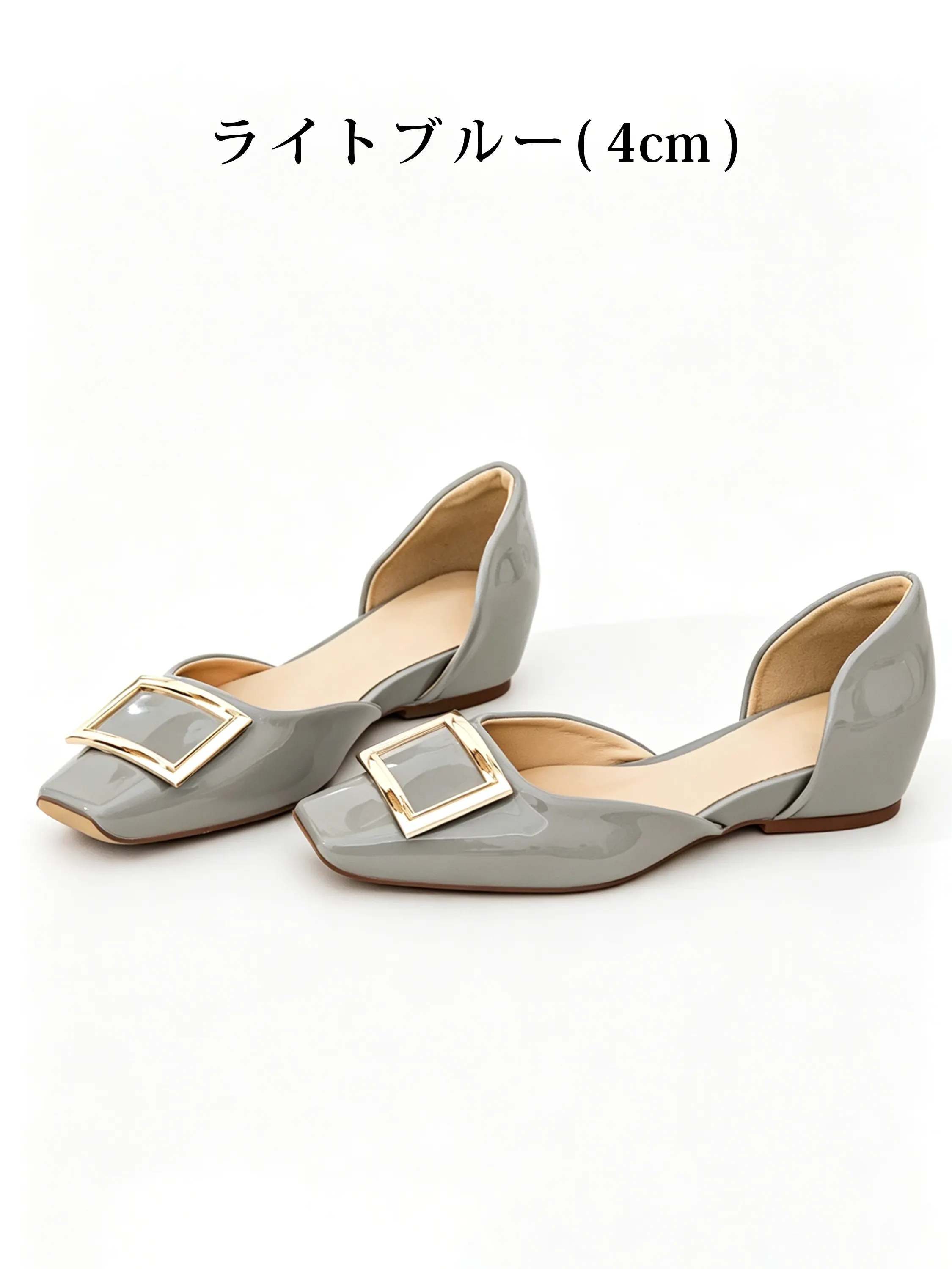 KENPOGEN スクエアバックルパンプス サイドオープン スクエアトゥ 5cmUP エナメル ツヤ感 高見え 歩きやすい 春夏