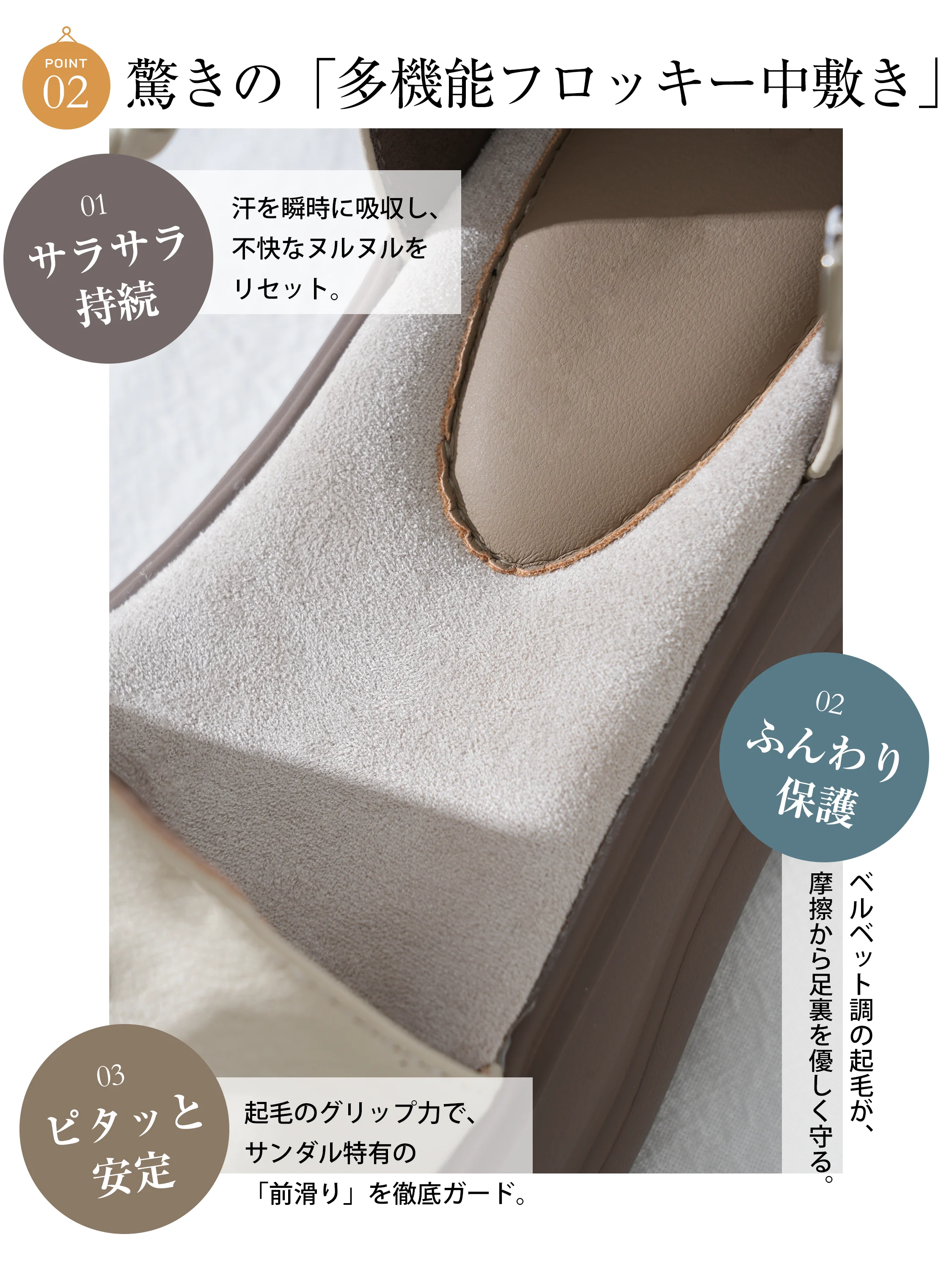 フロッキー中敷き採用のレディースサンダル 汗を吸収してさらさら感が続く快適な厚底サンダル