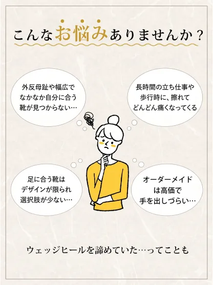 外反母趾や幅広足、長時間立ち仕事や歩行時の悩みを解決するレディースウェッジサンダル紹介イラスト