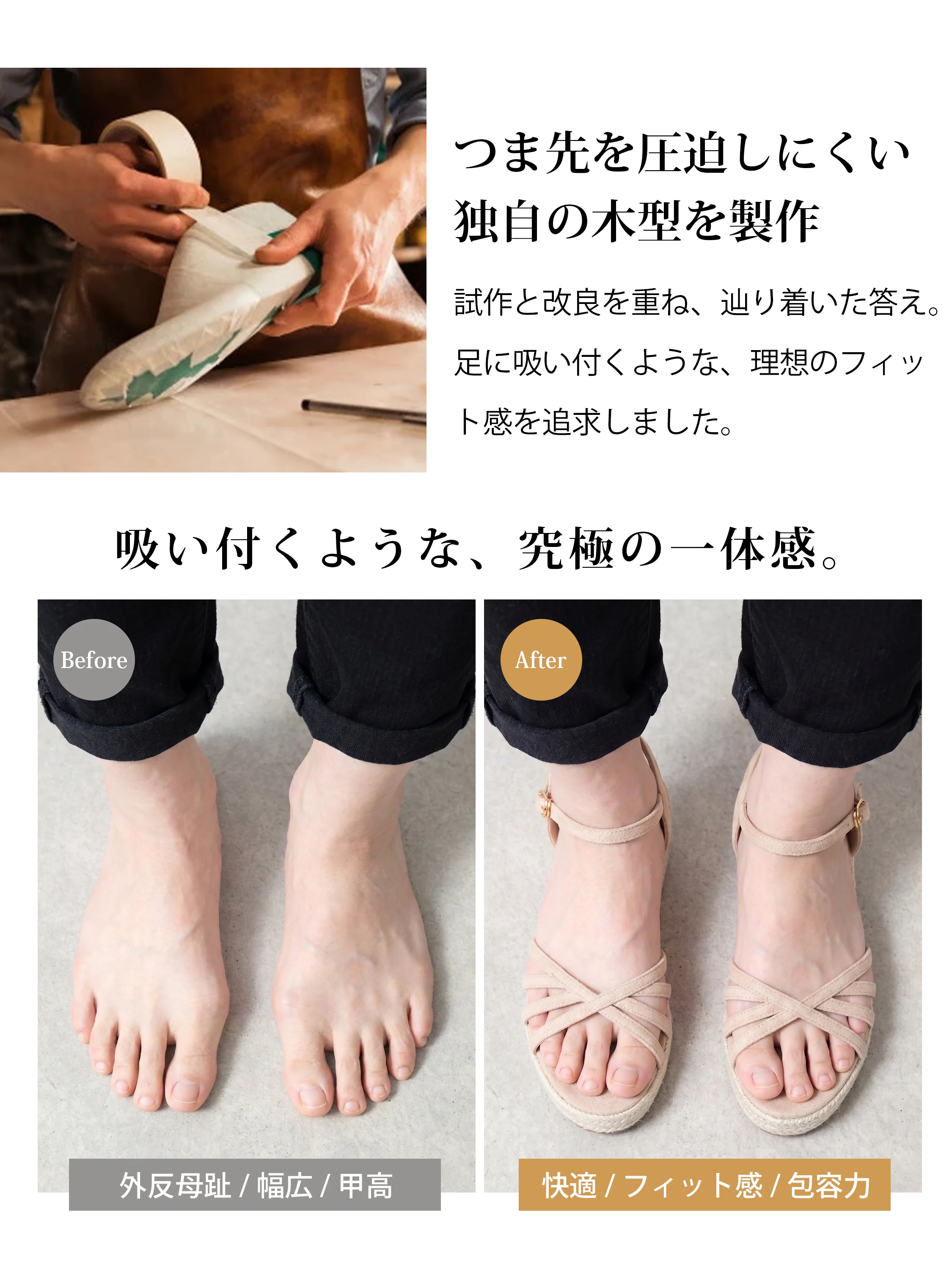 吸い付く一体感が特徴、独自木型で快適フィットのレディースウェッジサンダル、ビフォーアフター比較