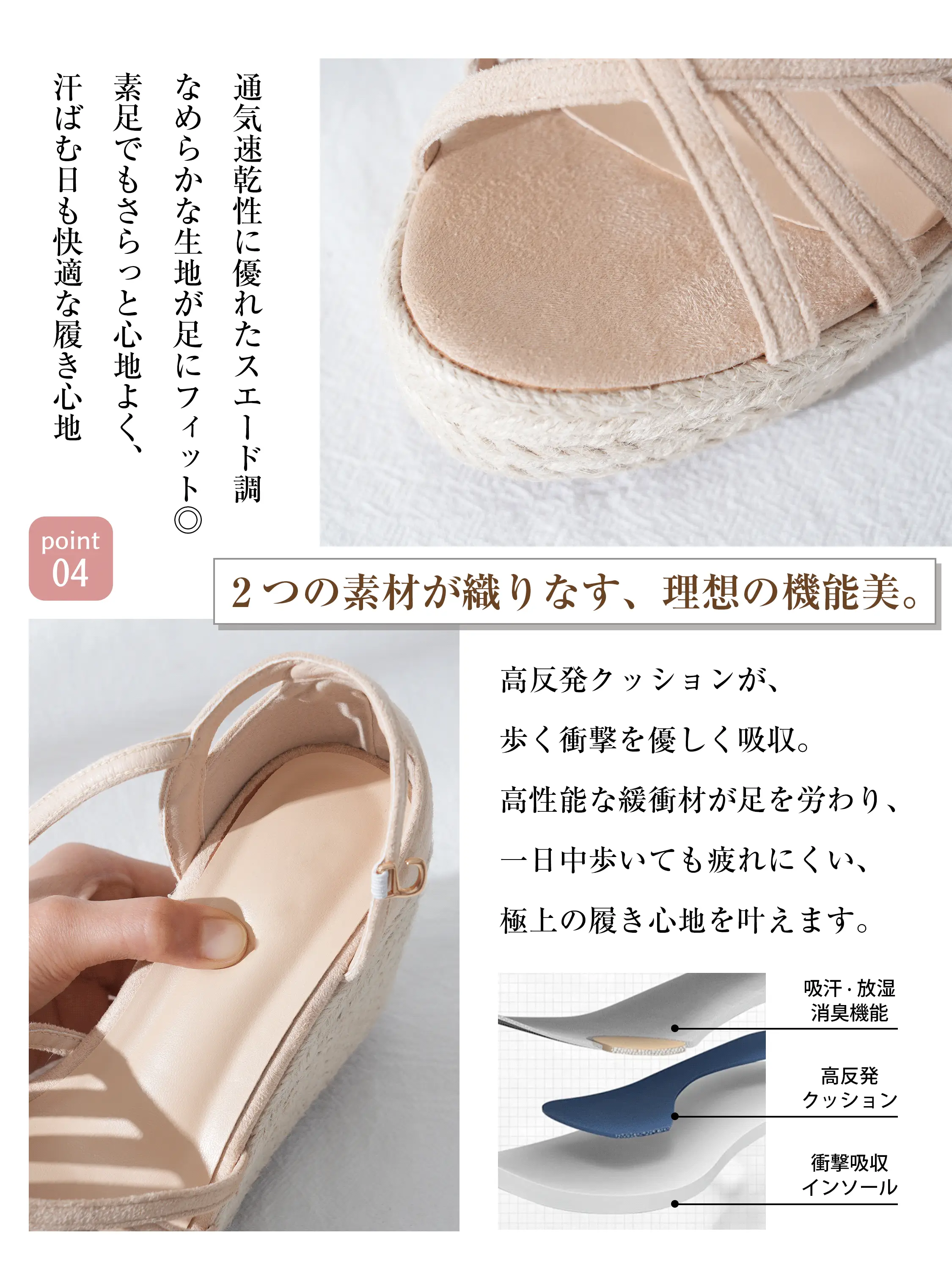 通気・速乾スエード調素材と高反発クッションを使ったベージュウェッジサンダル、快適な履き心地機能