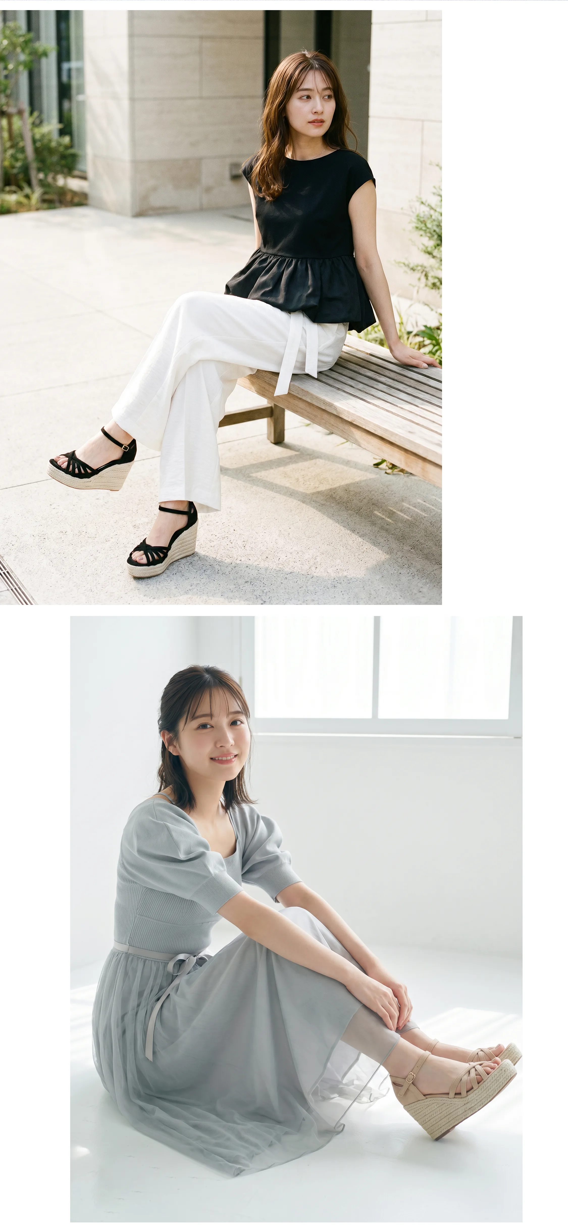 黒トップス白パンツとグレーワンピースに合わせたKENPOGENクロスストラップウェッジサンダル着用例 大人可愛いきれいめ夏コーデ