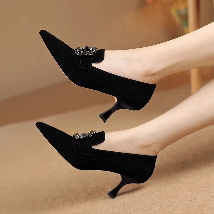 KENPOGEN ポインテッドトゥパンプス 羊革 手作り靴 5.5cmUP スエード ビジュー バックル エレガント