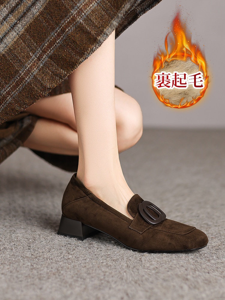 KENPOGEN ボアローファー 羊革 スクエアトゥ 3cmUP バックル付き スエード 防寒 通勤 秋冬用