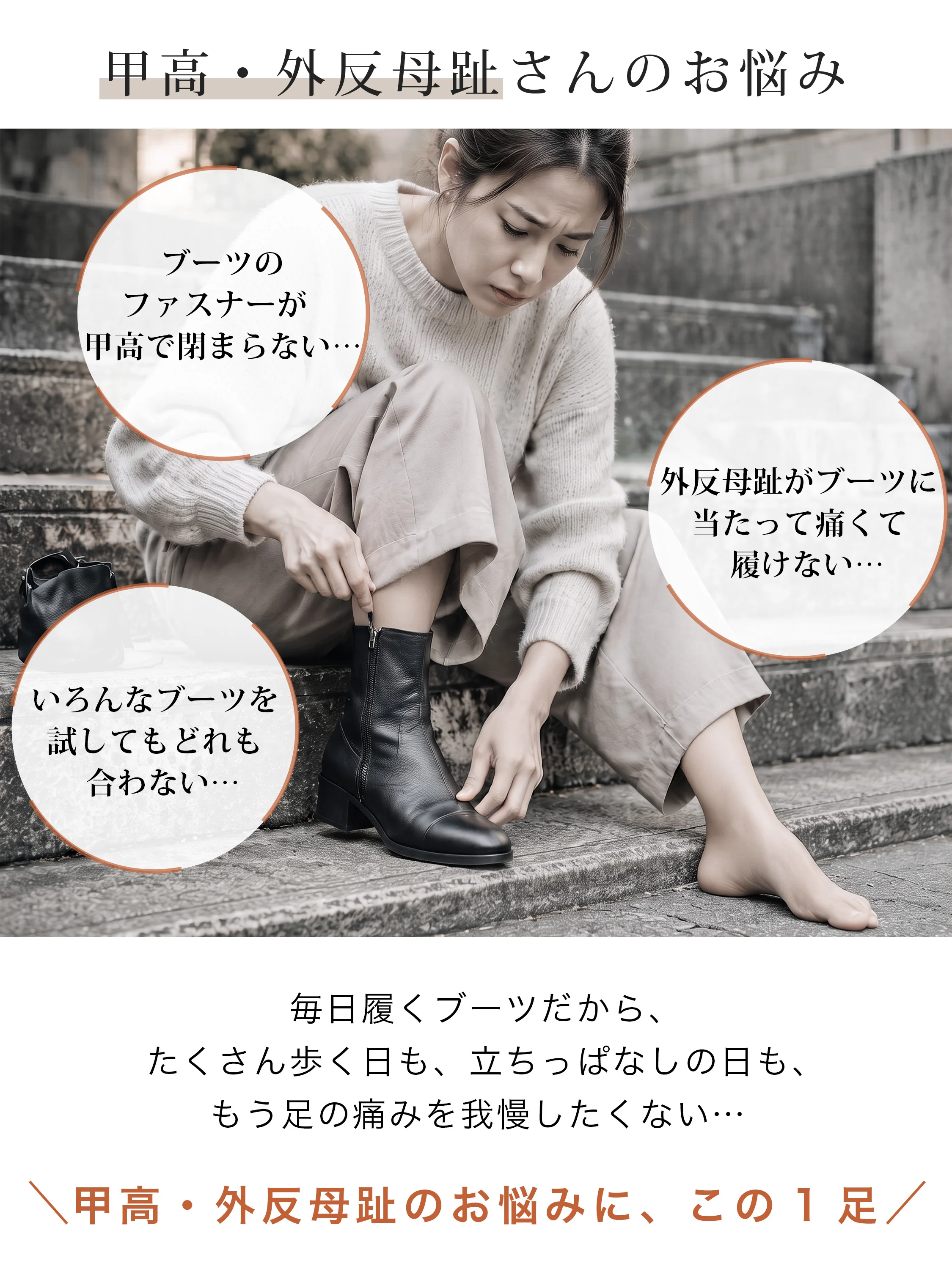 5cmインヒールのVカットブーティ。甲高や外反母趾に配慮した設計の説明。