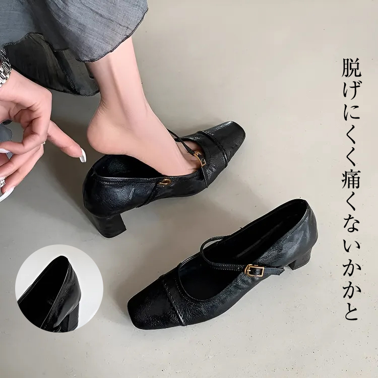 KENPOGEN 羊革パンプス メリージェーン靴 手作り 5.5cmUP 型押しレザー スクエアトゥ 通勤