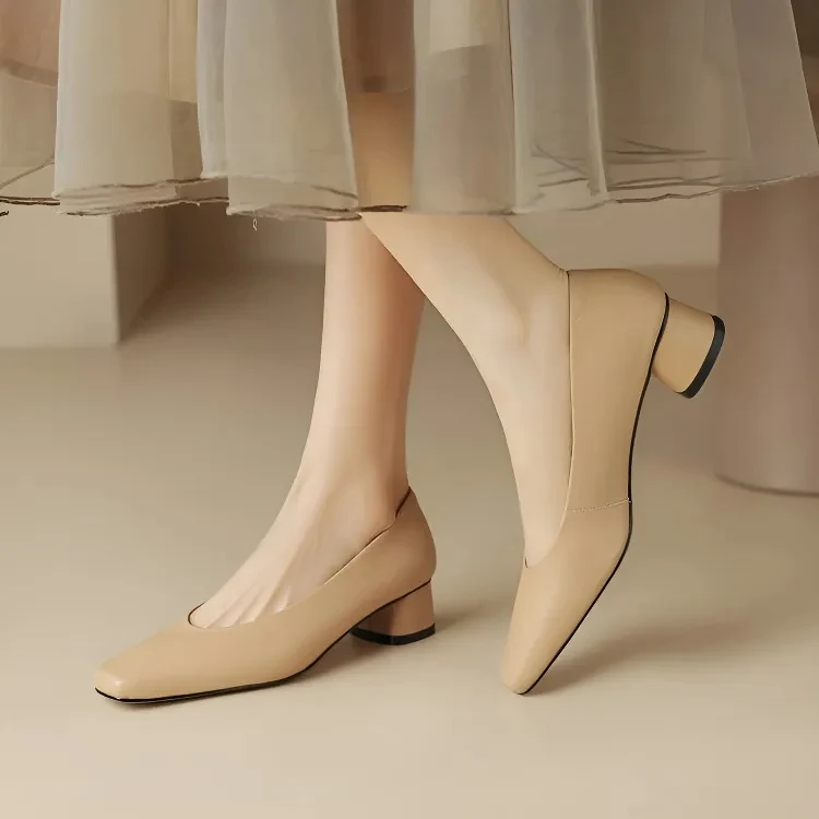 KENPOGEN スクエアトゥパンプス 牛革 手作り 3.5cmUP チャンキーヒール 歩きやすい 通勤 オフィス