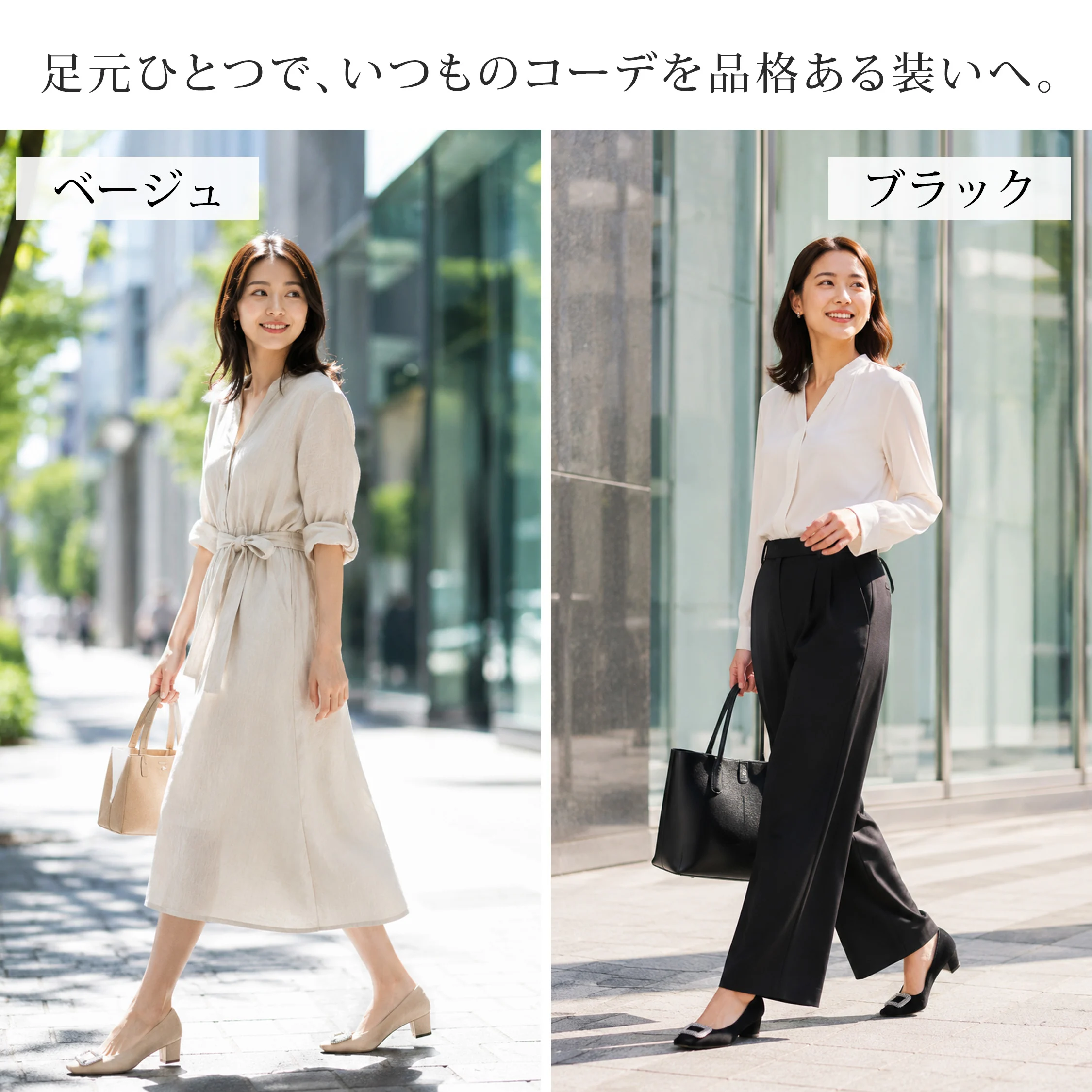 ベージュとブラックの通勤コーデに合わせたレディースパンプス 本革 5cmヒール 上品できれいめな足元