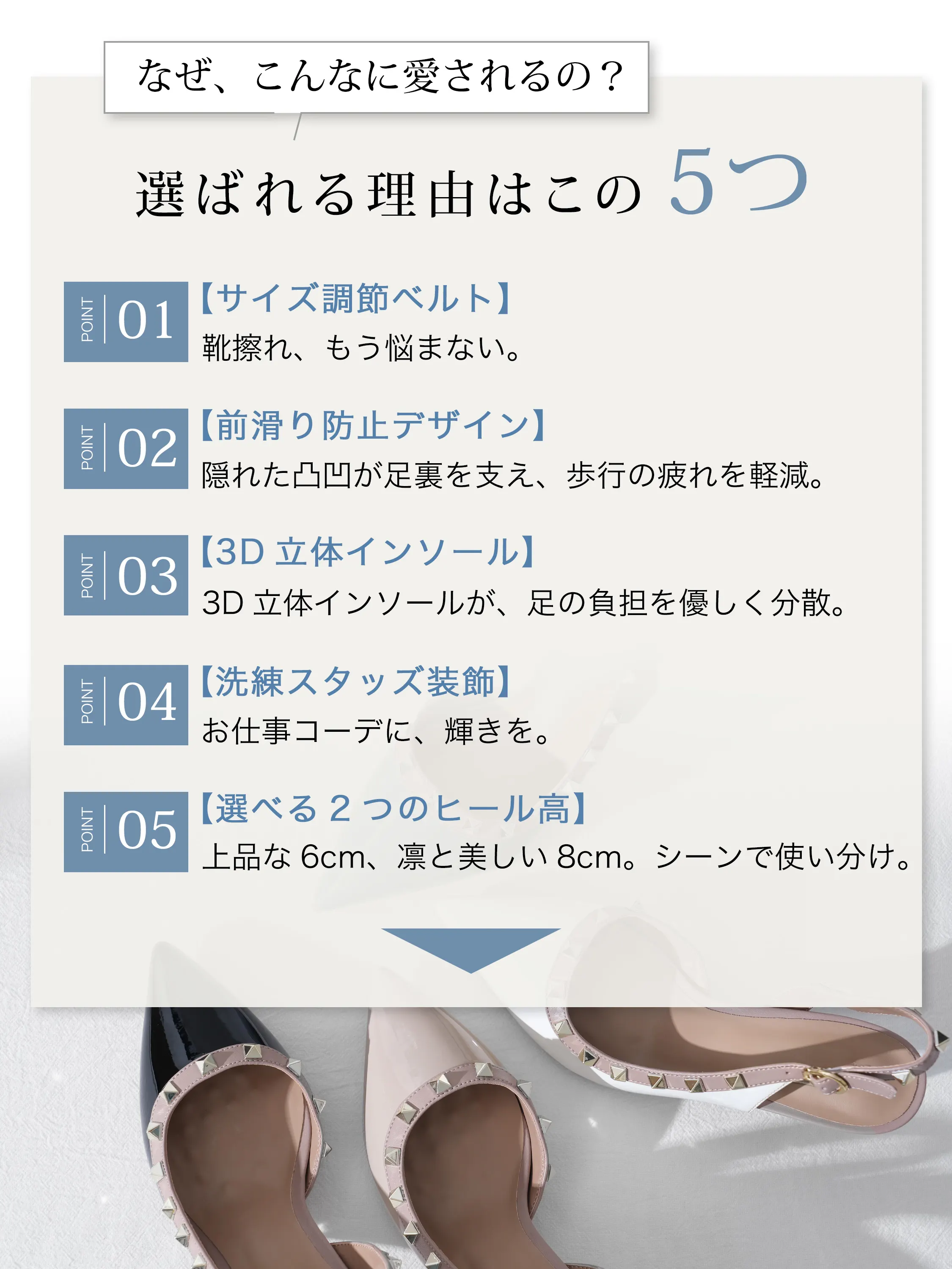 5つの選ばれる理由 サイズ調整・前滑り防止・3Dインソール・スタッズ装飾・ヒール2種 強調