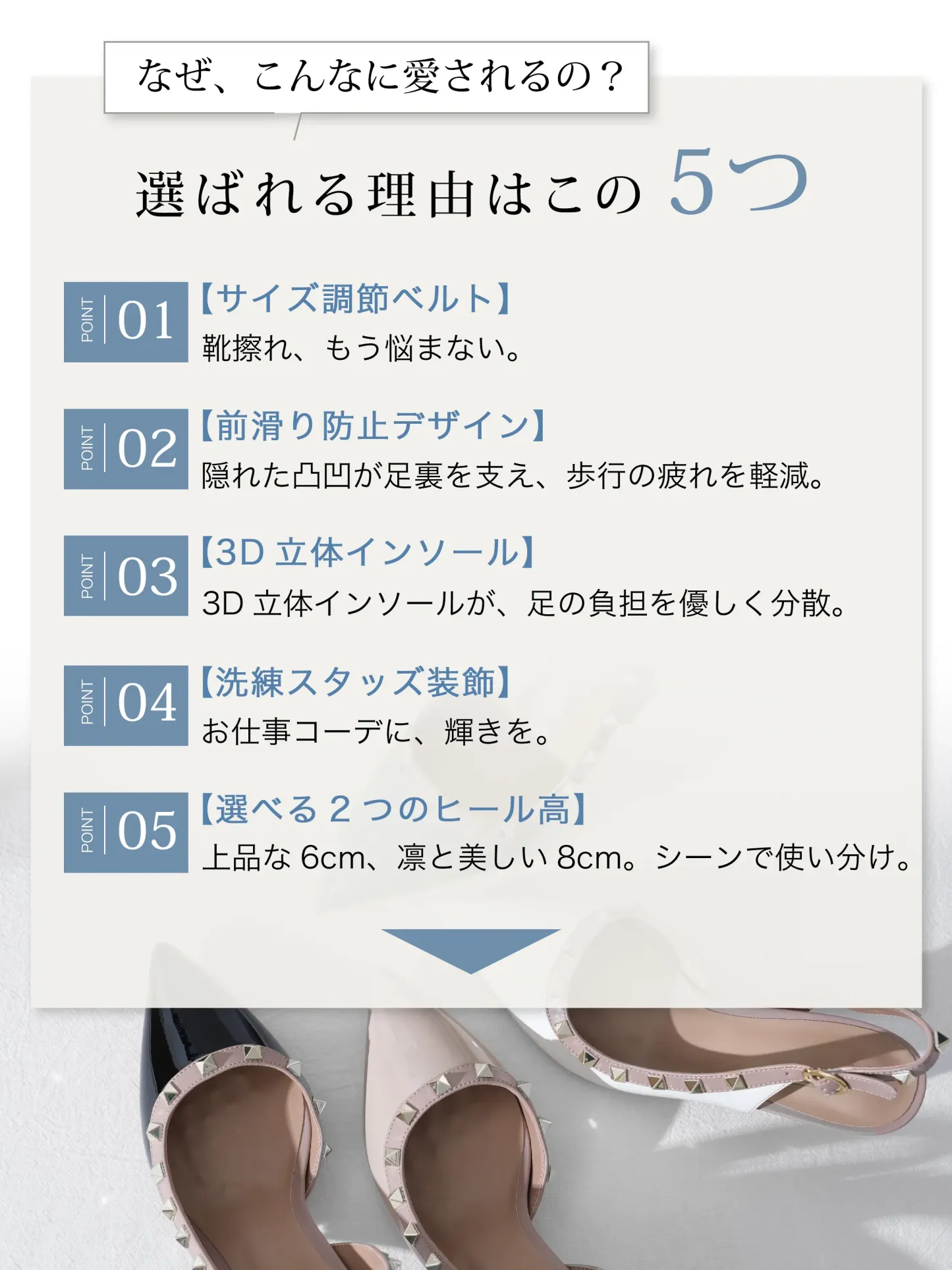 5つの選ばれる理由 サイズ調整・前滑り防止・3Dインソール・スタッズ装飾・ヒール2種 強調