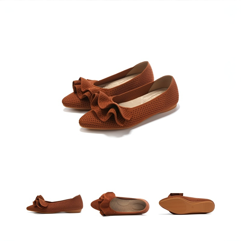 【OUTLET】【洗濯機OK・大人可愛いフリル】KENPOGEN ニットパンプス レディース ぺたんこ靴 ポインテッドトゥ 柔らかい 伸縮性 走れる  通勤 お出かけ 幅広