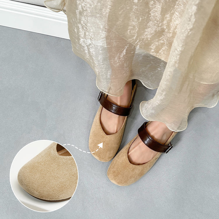 5cmインヒール内蔵 異素材ミックス スエード調メリージェーン