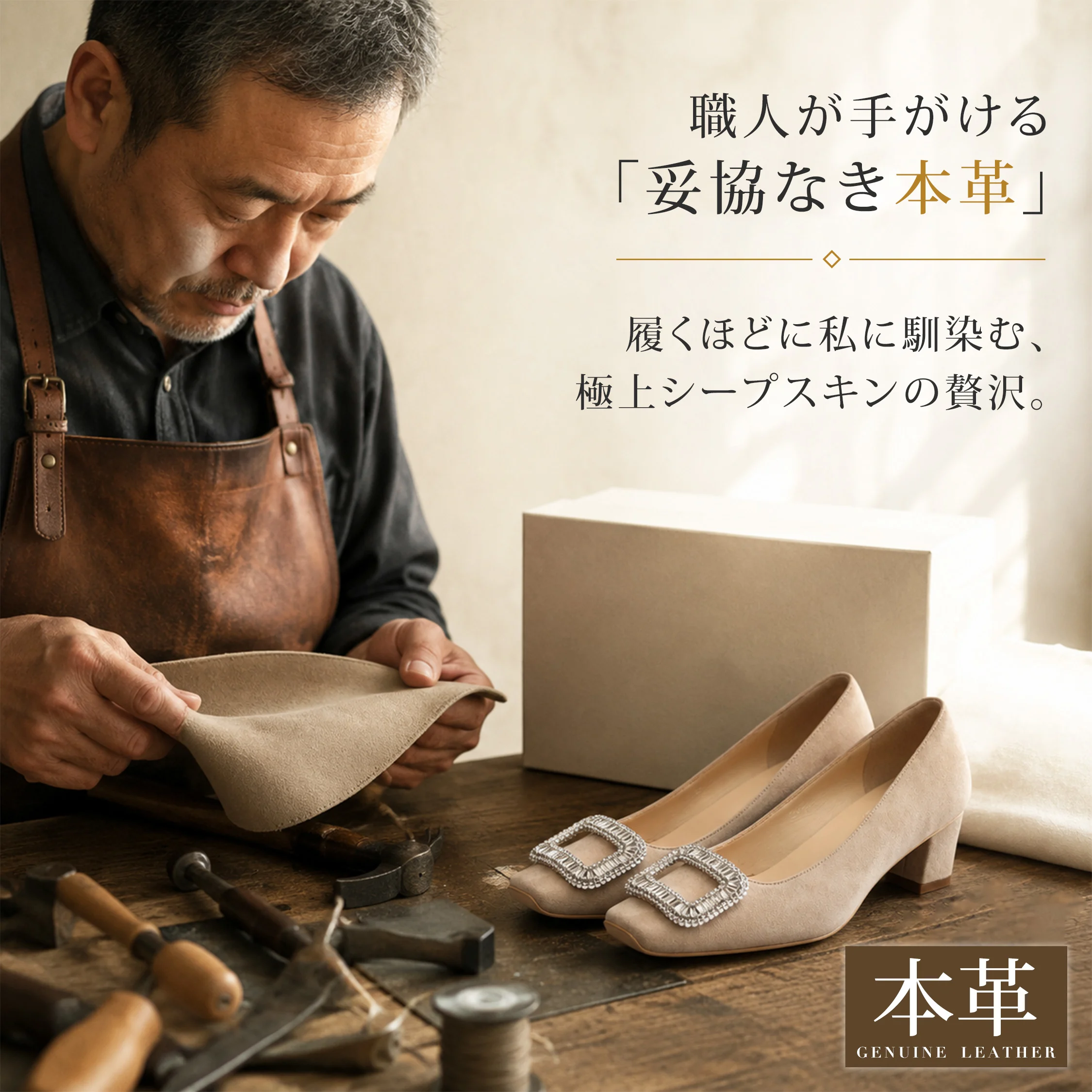 職人仕立ての本革パンプス レディース ベージュ ビジューバックル スクエアトゥ 上品で結婚式や通勤におすすめ