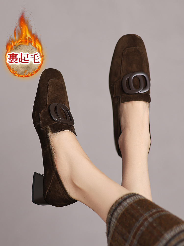 KENPOGEN ボアローファー 羊革 スクエアトゥ 3cmUP バックル付き スエード 防寒 通勤 秋冬用