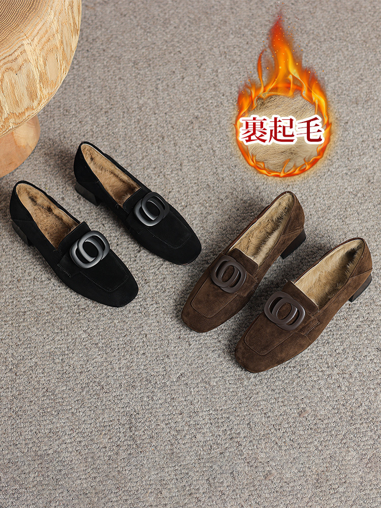 KENPOGEN ボアローファー 羊革 スクエアトゥ 3cmUP バックル付き スエード 防寒 通勤 秋冬用