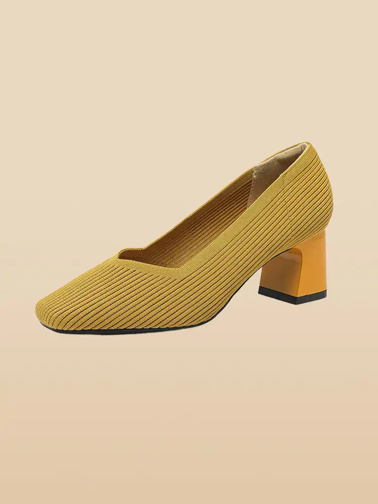 KENPOGEN ニットパンプス スクエアトゥシューズ 6cmUP チャンキーヒール Vカット 柔らかい 通勤