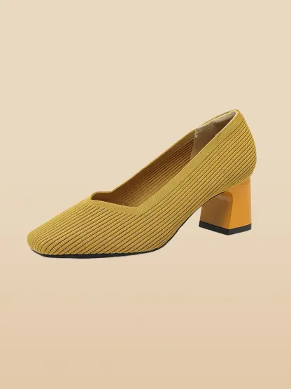 KENPOGEN ニットパンプス スクエアトゥシューズ 6cmUP チャンキーヒール Vカット 柔らかい 通勤