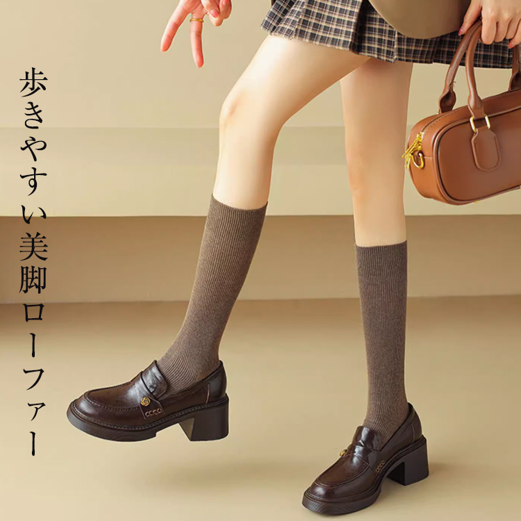 KENPOGEN 羊革ローファー 手作り 6cmUP フラワーモチーフ 太めヒール 安定感抜群 カジュアル