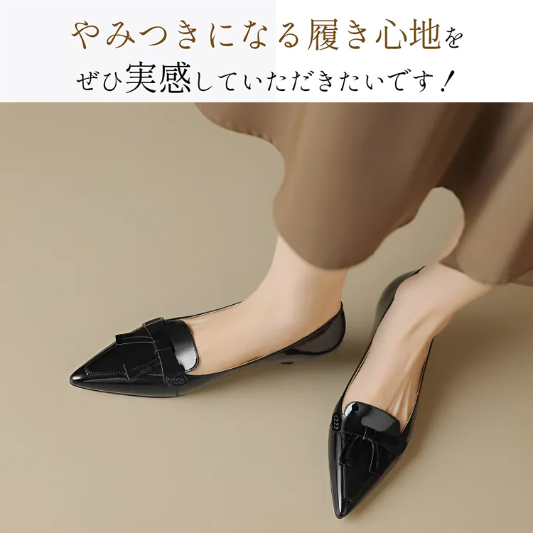 KENPOGEN リボンモチーフローファー 牛革 手作り ポインテッドトゥ エナメル 4.5cmUP 柔らかい