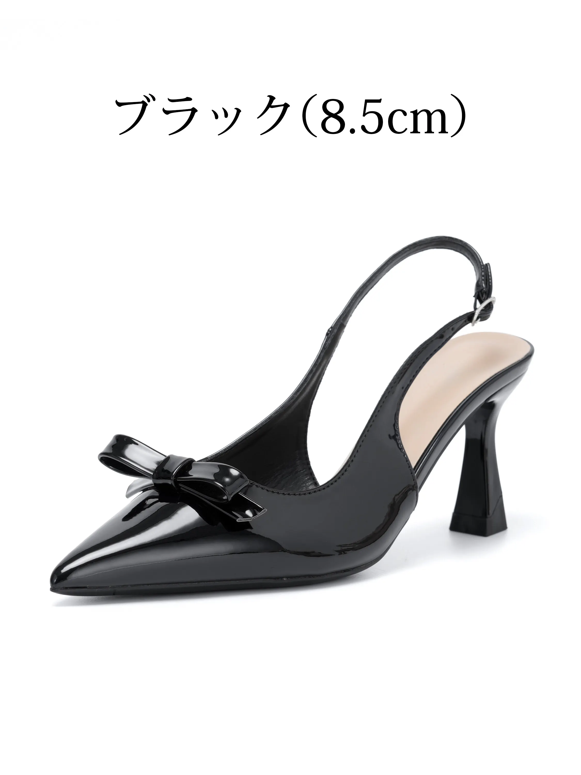 ブラック8.5cmヒール バックストラップパンプス レディース エナメル ポインテッドトゥ リボン付き 猫足ヒール