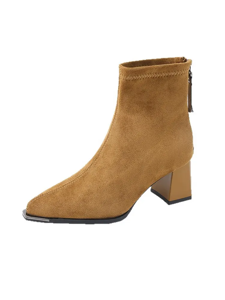 KENPOGEN ショートブーツ スエード調 6.5cmチャンキーヒール バックジッパー 履き脱ぎしやすい 美脚効果 通勤 秋冬