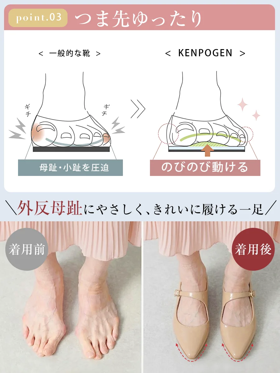 外反母趾にやさしく、きれいに履けるパンプス。つま先を圧迫する一般的な靴と比べ、指がのびのび動かせるゆったり設計。着用前後で足の形がすっきり見える比較画像。