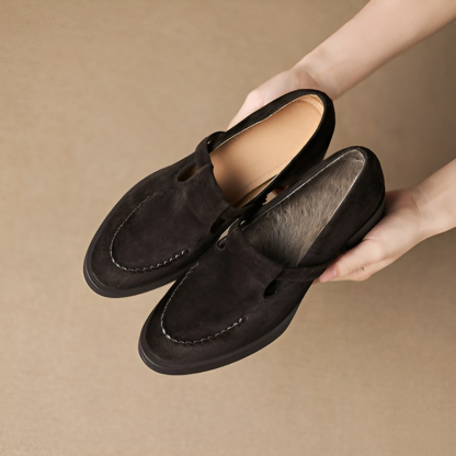 Tストラップ チャンキーヒール美脚羊革パンプス