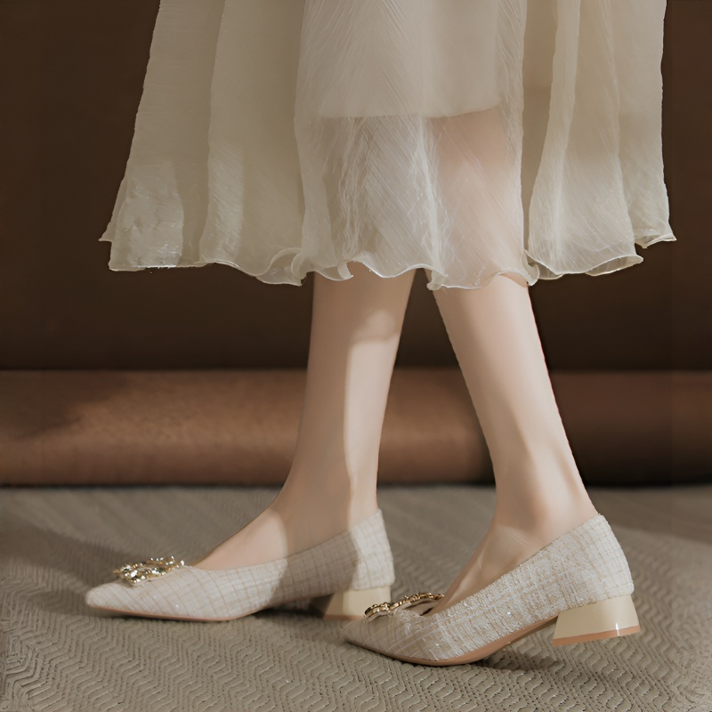 ツイード調 ビジューバックル スクエアヒールパンプス