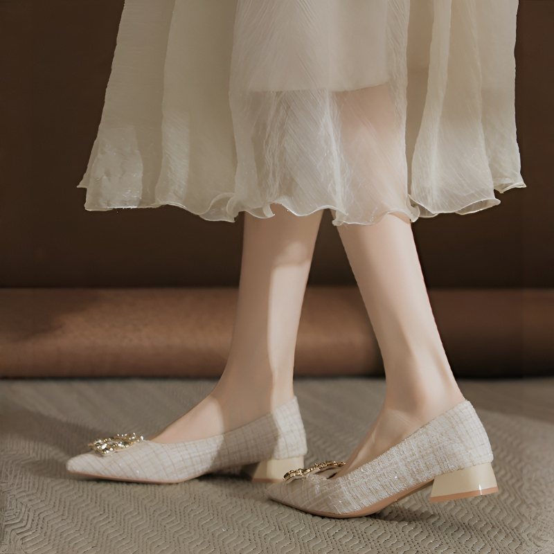 ツイード調 ビジューバックル スクエアヒールパンプス