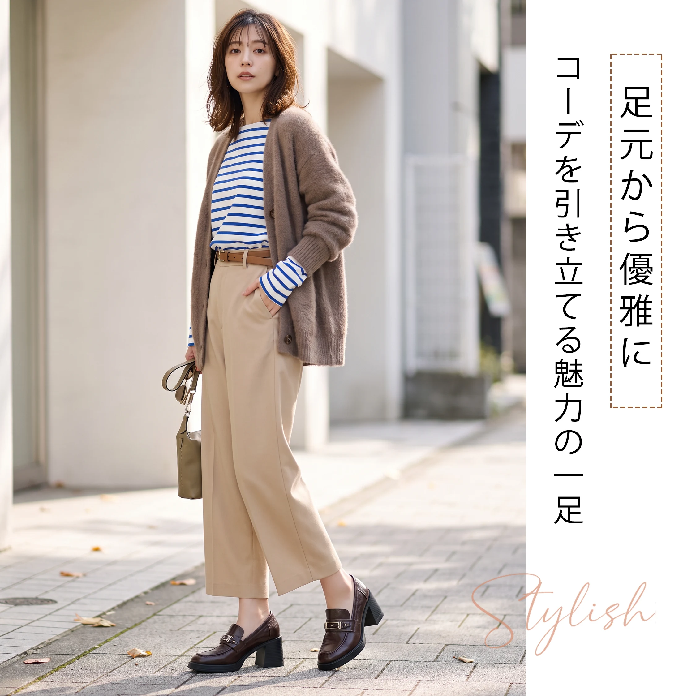 KENPOGENの落ち着いた色味が見えるレディースローファーで、秋冬服に合わせやすいカラー。