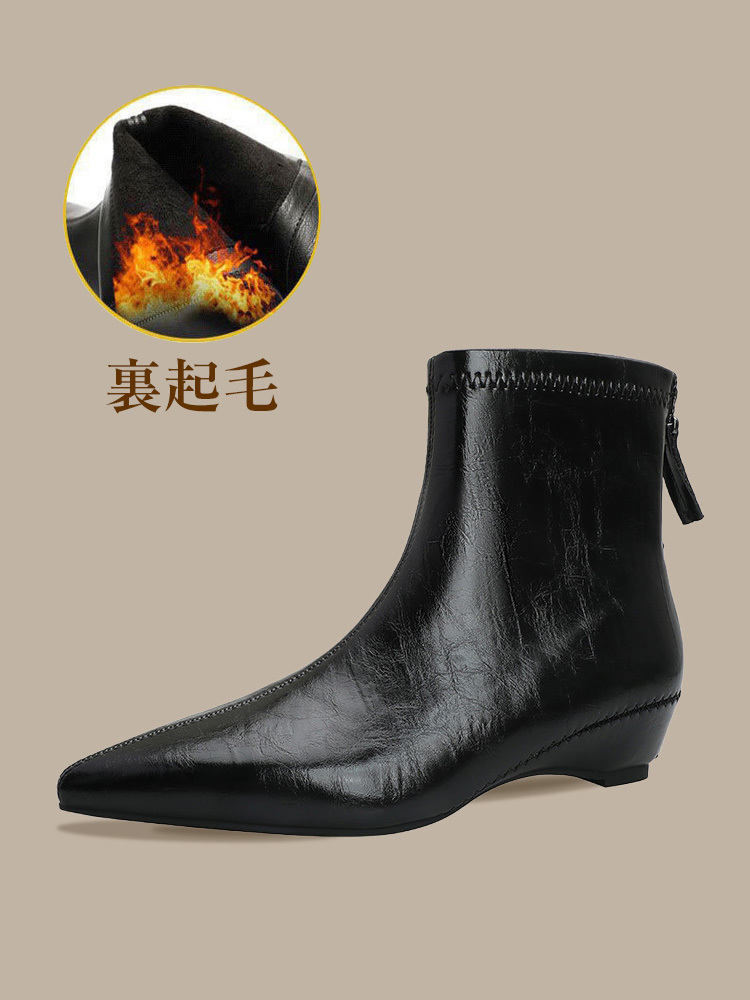 インヒールウェッジマロン色メイラードポインテッドトゥミディアムブーツ