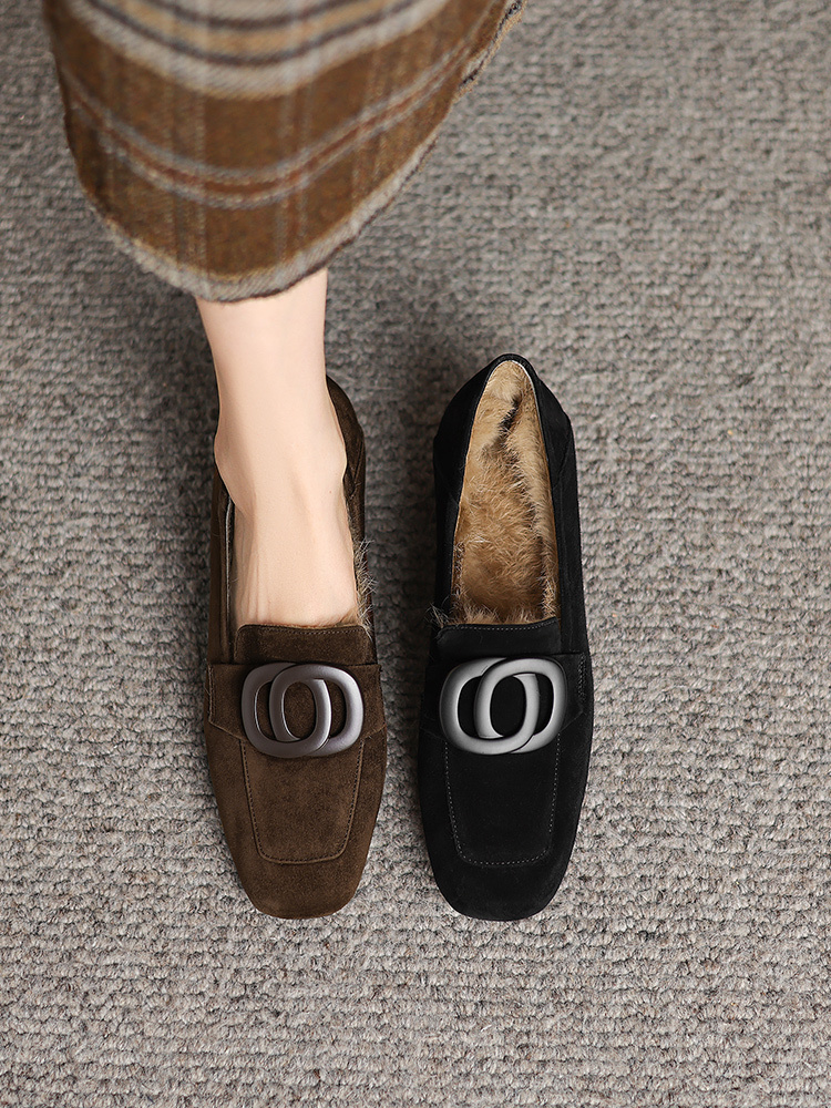 KENPOGEN ボアローファー 羊革 スクエアトゥ 3cmUP バックル付き スエード 防寒 通勤 秋冬用