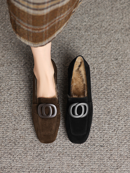 KENPOGEN ボアローファー 羊革 スクエアトゥ 3cmUP バックル付き スエード 防寒 通勤 秋冬用