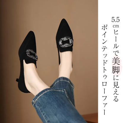 KENPOGEN ポインテッドトゥパンプス 羊革 手作り靴 5.5cmUP スエード ビジュー バックル エレガント