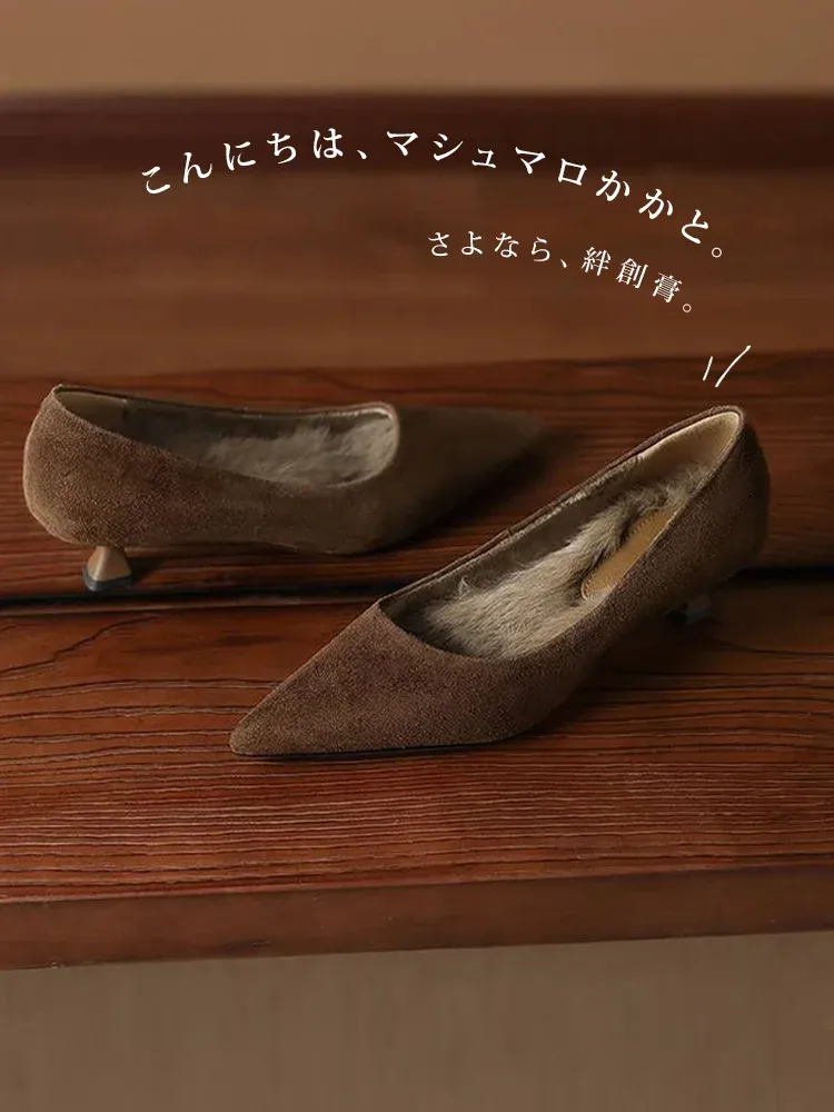 KENPOGEN ポインテッドトゥパンプス 羊革 4.5cmUP スエード調 内ボア 痛くない 歩きやすい 通勤