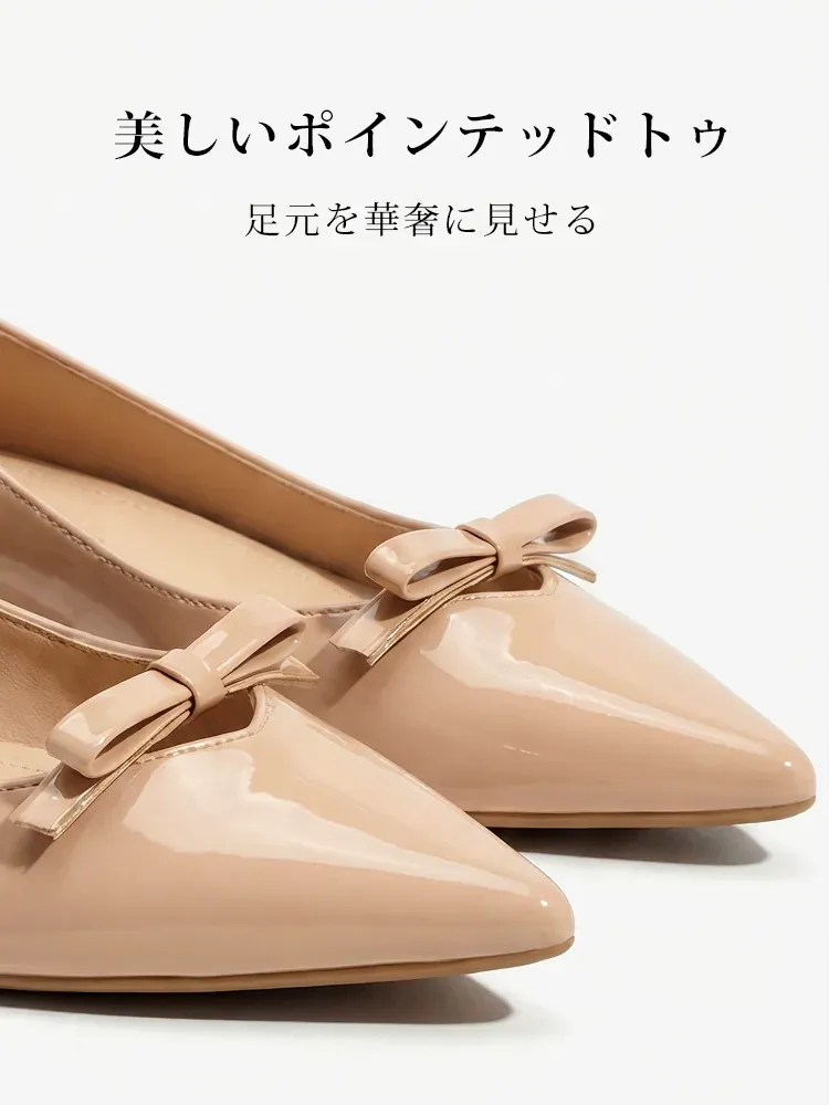 【跳べるパンプス】KENPOGEN エナメルパンプス リボン ポインテッドトゥ インヒール 5cmUP 晴雨兼用 歩きやすい 通勤 きれいめ