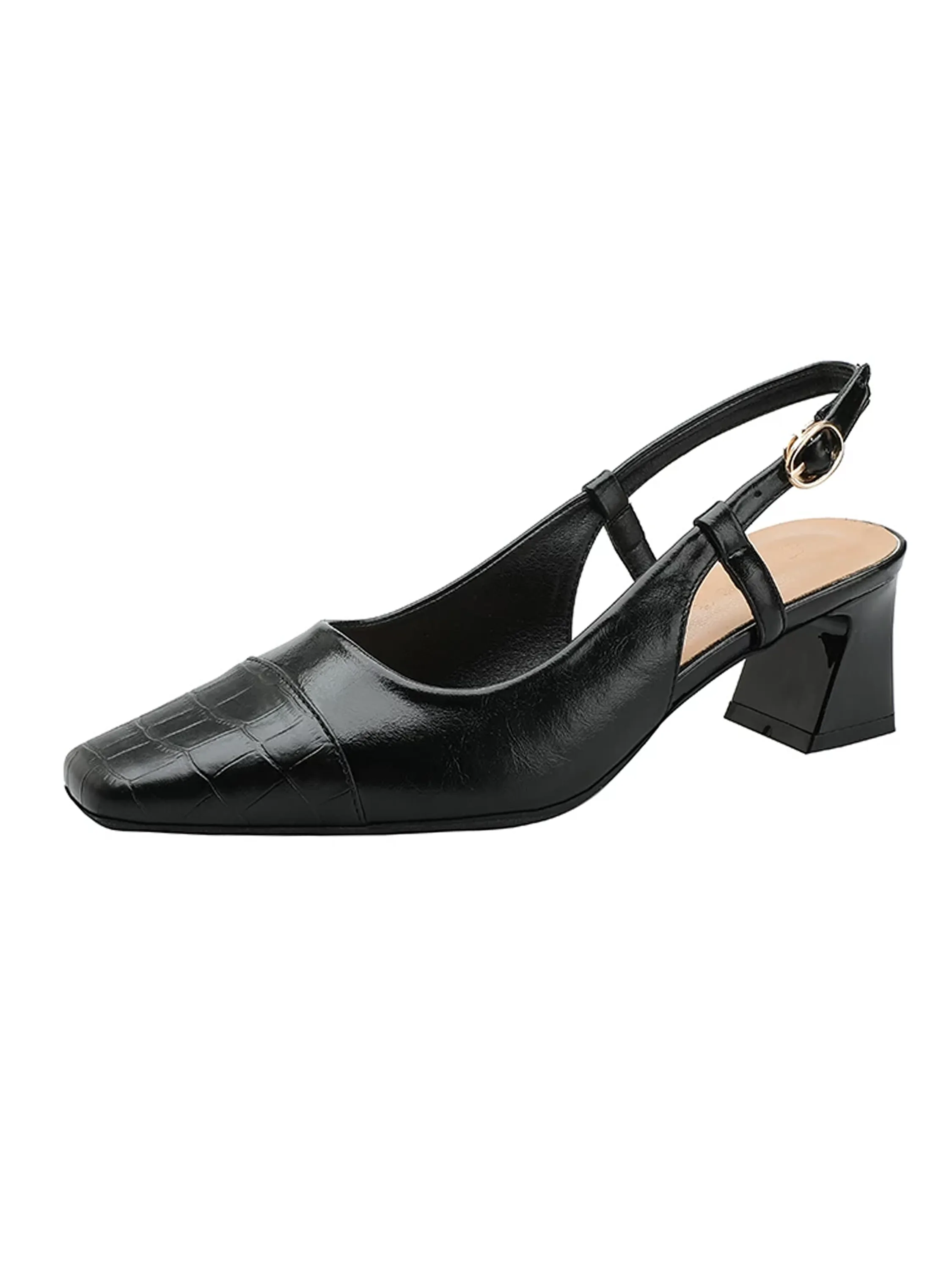 KENPOGEN バックストラップパンプス（ブラック）。通勤からデイリーまで幅広く使える、歩きやすさと美脚を両立した黒のスクエアトゥ・ミュールパンプス