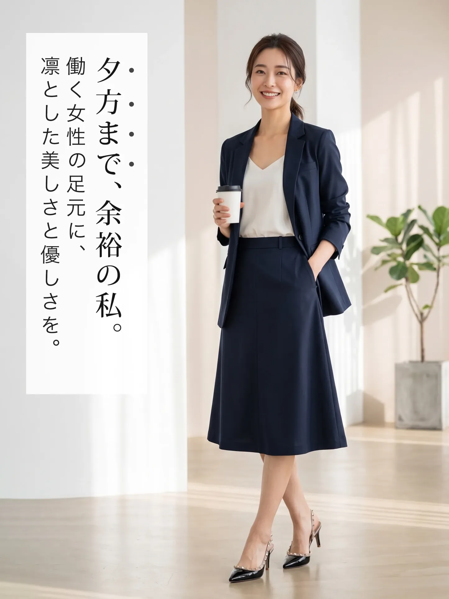 ネイビースーツオフィススタイル KENPOGENパンプスで夕方まで快適 美脚と疲れ知らず