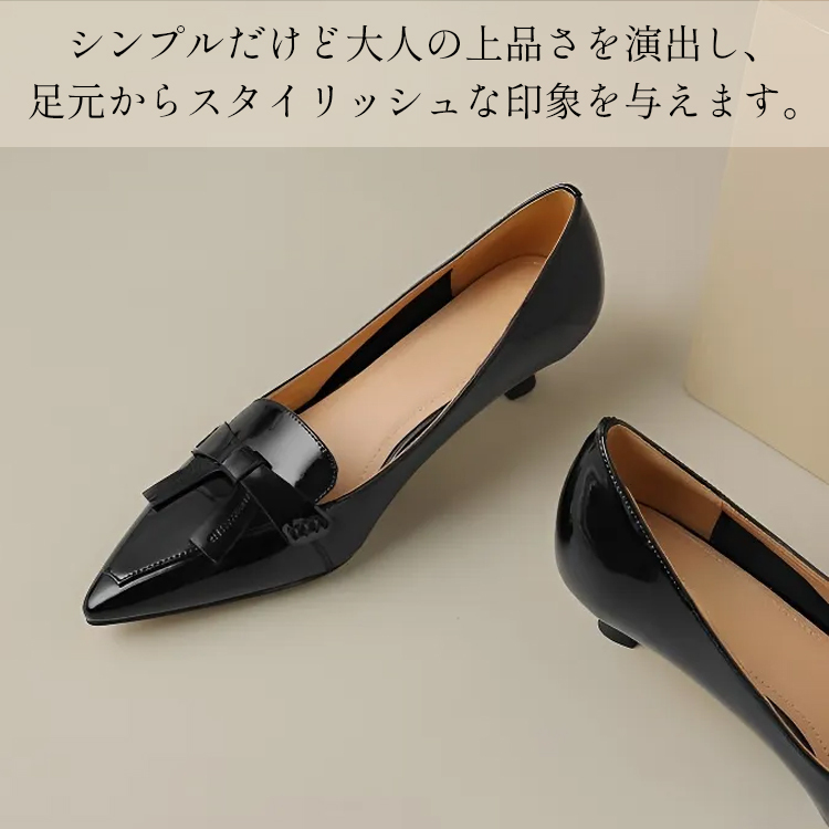 KENPOGEN リボンモチーフローファー 牛革 手作り ポインテッドトゥ エナメル 4.5cmUP 柔らかい