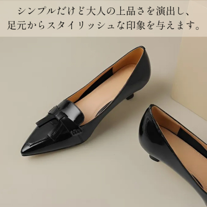 KENPOGEN リボンモチーフローファー 牛革 手作り ポインテッドトゥ エナメル 4.5cmUP 柔らかい