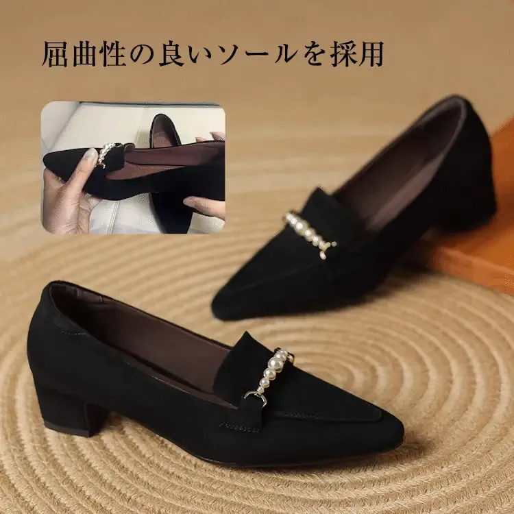 KENPOGEN ビット付きローファー 羊革 手作り ポインテッドトゥ 4cmUP パール飾り 歩きやすい