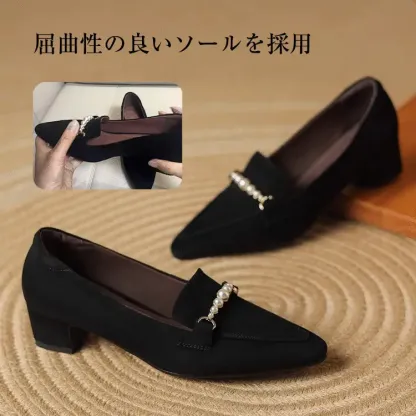 KENPOGEN ビット付きローファー 羊革 手作り ポインテッドトゥ 4cmUP パール飾り 歩きやすい