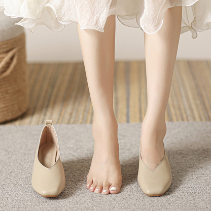 スクエアトゥ ブロックヒール Vカットパンプス