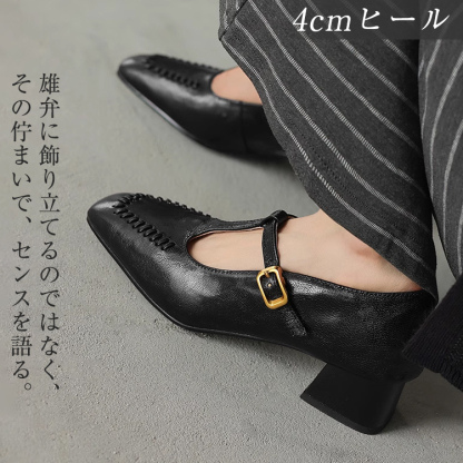 KENPOGEN メリージェーン靴 シープレザー 手作り Tストラップパンプス 4cmUP チャンキーヒール スクエアトゥ 美脚