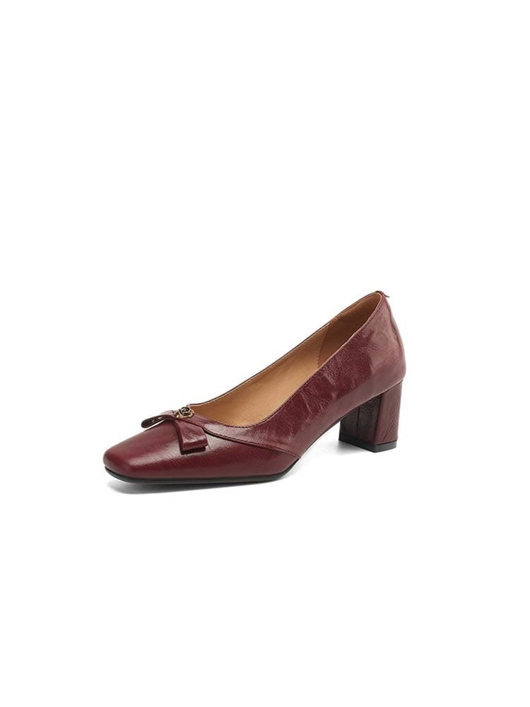 KENPOGEN 羊革パンプス スクエアトゥシューズ 5.5cmUP リボン チャンキーヒール 履きやすい 通勤
